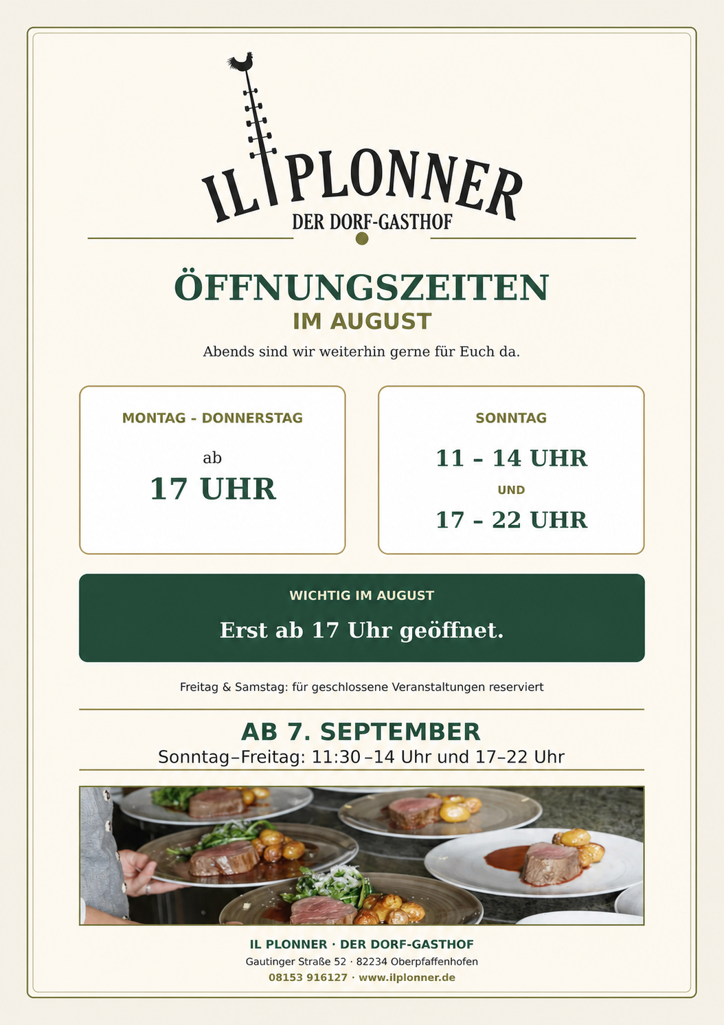 Öffnungszeiten des Il Plonner im August und ab 7. September 2026